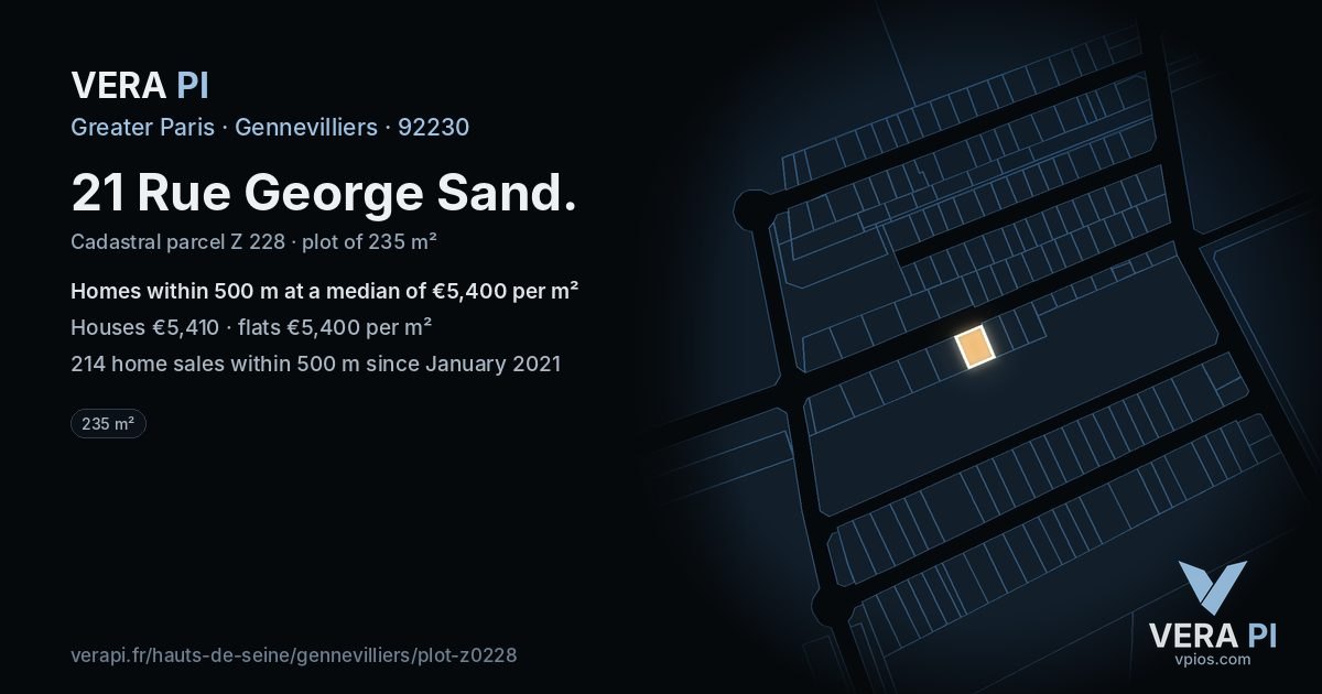 21 Rue George Sand, Gennevilliers at night – the plot lit, the parcels around coloured by the prices near them