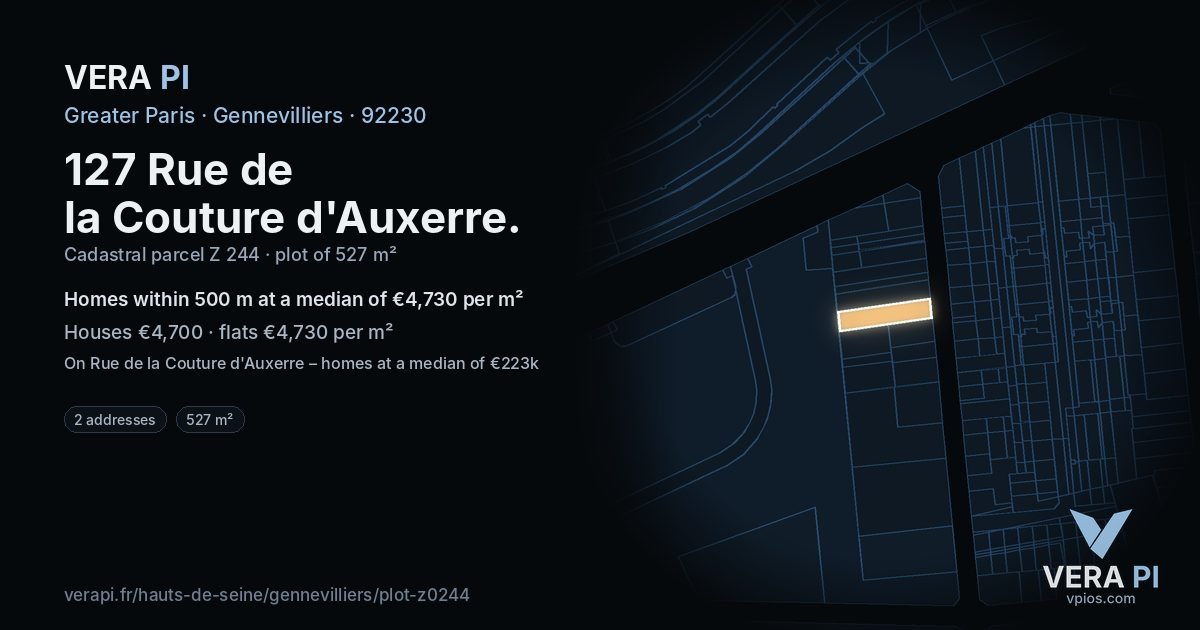 127 Rue de la Couture d'Auxerre, Gennevilliers at night – the plot lit, the parcels around coloured by the prices near them
