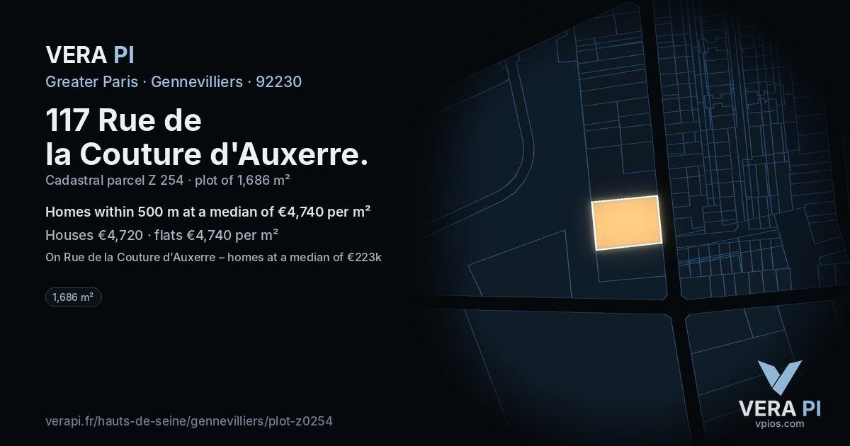 117 Rue de la Couture d'Auxerre, Gennevilliers at night – the plot lit, the parcels around coloured by the prices near them