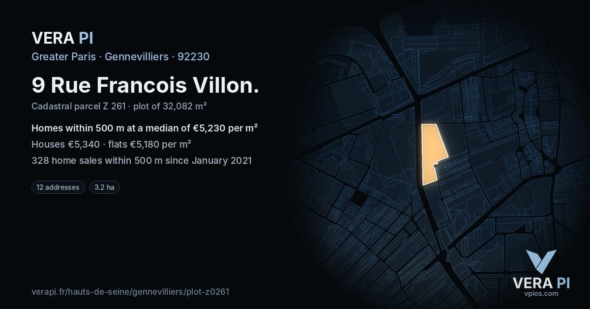 9 Rue Francois Villon, Gennevilliers at night – the plot lit, the parcels around coloured by the prices near them