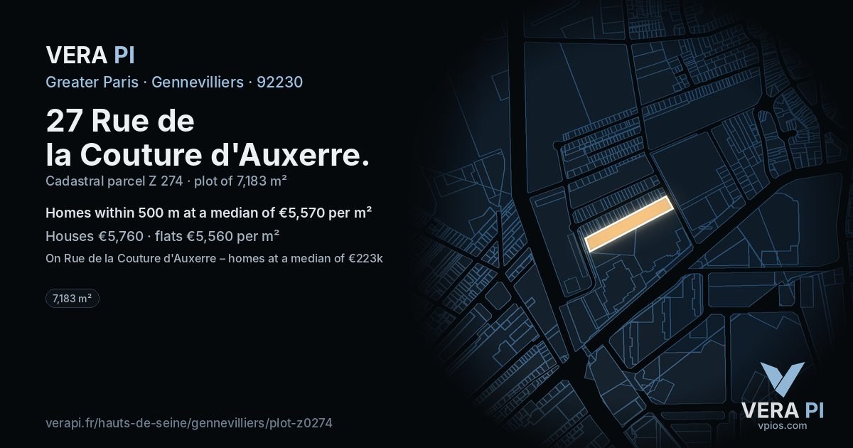 27 Rue de la Couture d'Auxerre, Gennevilliers at night – the plot lit, the parcels around coloured by the prices near them