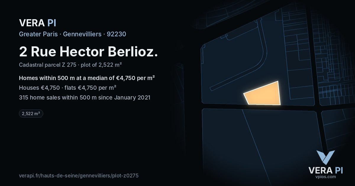 2 Rue Hector Berlioz, Gennevilliers at night – the plot lit, the parcels around coloured by the prices near them