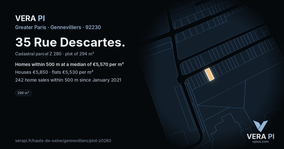 35 Rue Descartes, Gennevilliers at night – the plot lit, the parcels around coloured by the prices near them