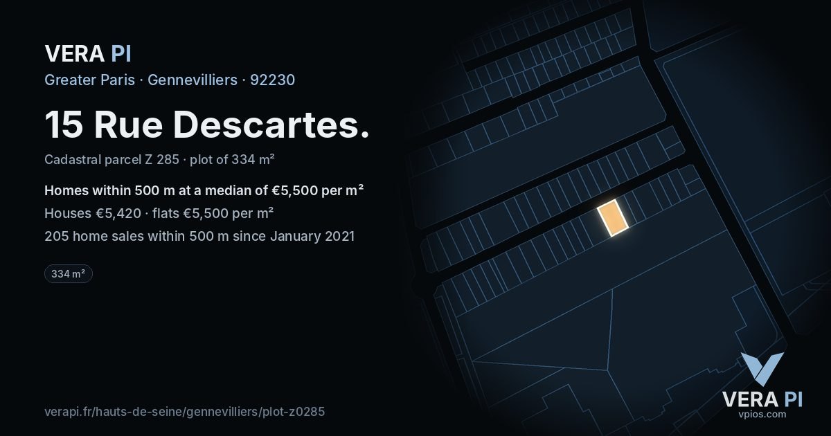 15 Rue Descartes, Gennevilliers at night – the plot lit, the parcels around coloured by the prices near them