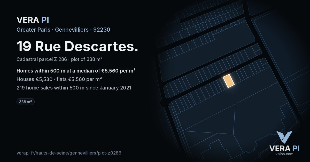 19 Rue Descartes, Gennevilliers at night – the plot lit, the parcels around coloured by the prices near them