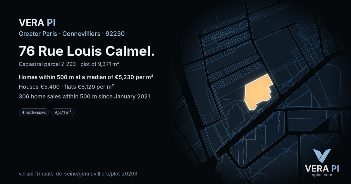 76 Rue Louis Calmel, Gennevilliers at night – the plot lit, the parcels around coloured by the prices near them