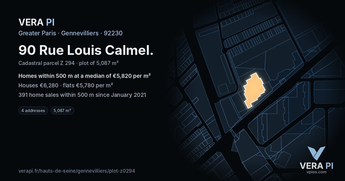90 Rue Louis Calmel, Gennevilliers at night – the plot lit, the parcels around coloured by the prices near them
