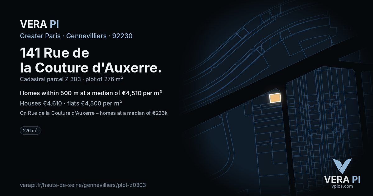 141 Rue de la Couture d'Auxerre, Gennevilliers at night – the plot lit, the parcels around coloured by the prices near them