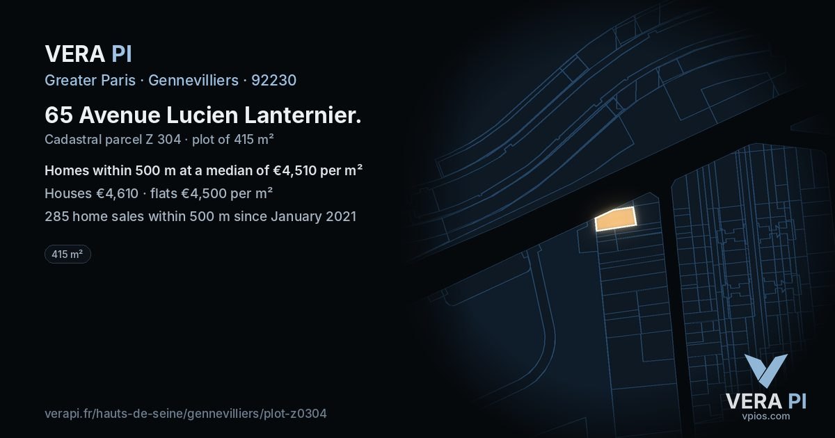 65 Avenue Lucien Lanternier, Gennevilliers at night – the plot lit, the parcels around coloured by the prices near them