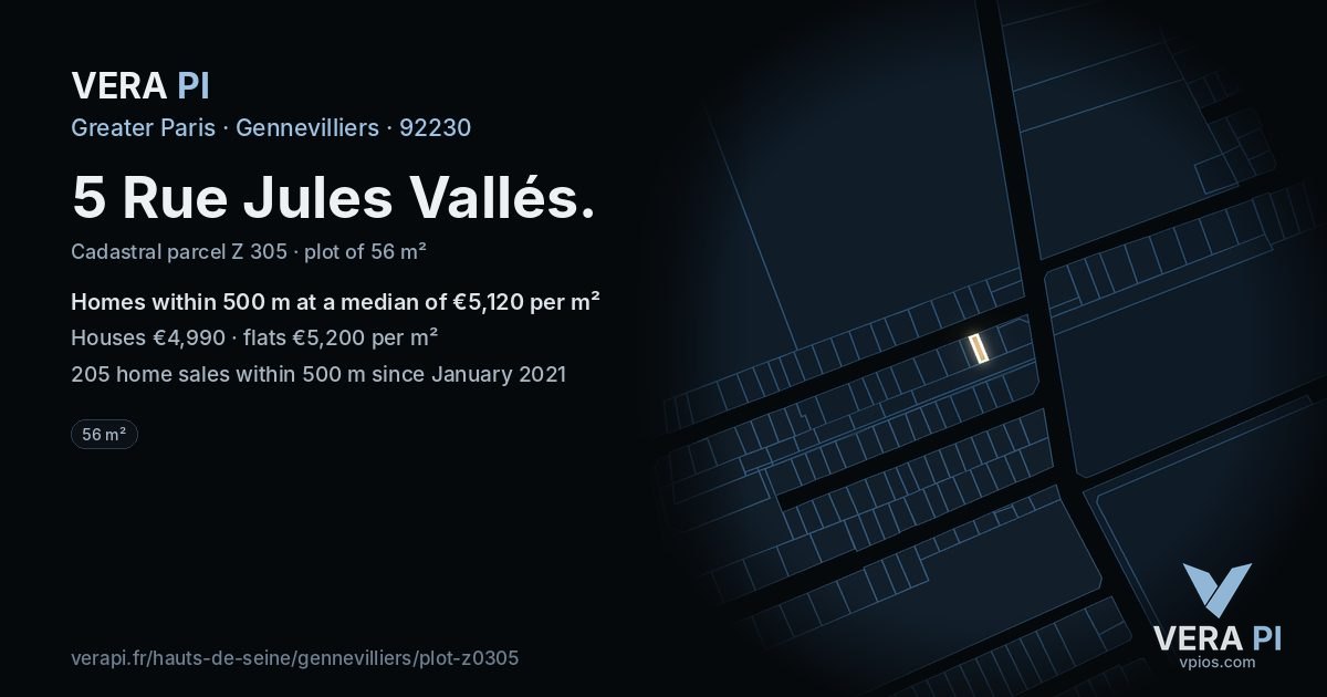 5 Rue Jules Vallés, Gennevilliers at night – the plot lit, the parcels around coloured by the prices near them