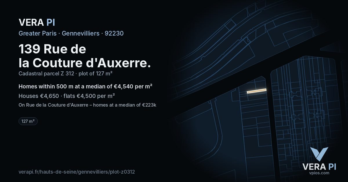 139 Rue de la Couture d'Auxerre, Gennevilliers at night – the plot lit, the parcels around coloured by the prices near them