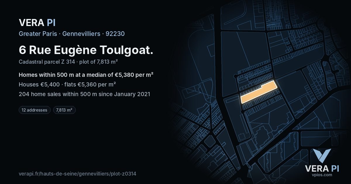 6 Rue Eugène Toulgoat, Gennevilliers at night – the plot lit, the parcels around coloured by the prices near them