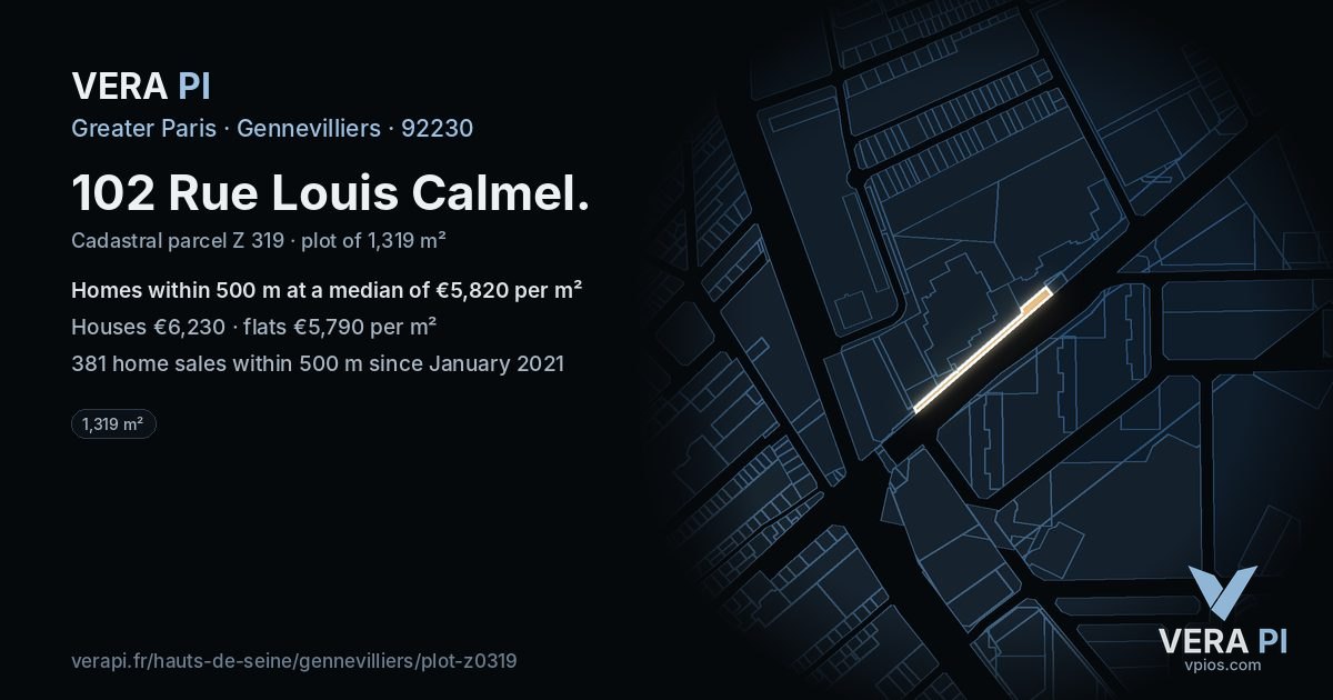 102 Rue Louis Calmel, Gennevilliers at night – the plot lit, the parcels around coloured by the prices near them