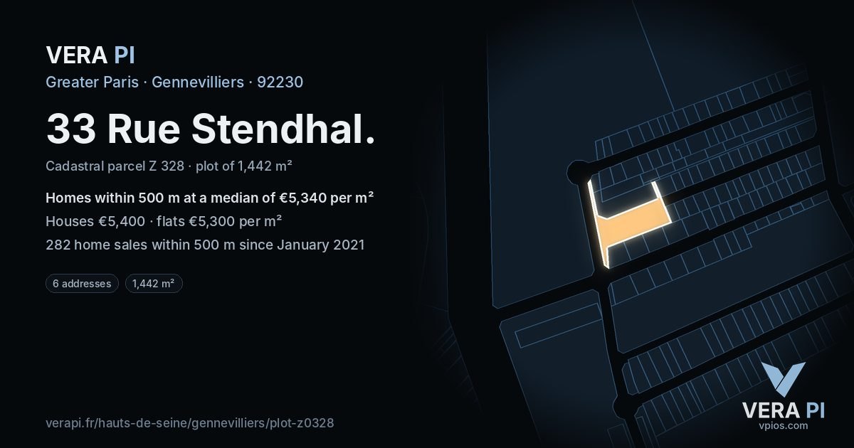 33 Rue Stendhal, Gennevilliers at night – the plot lit, the parcels around coloured by the prices near them