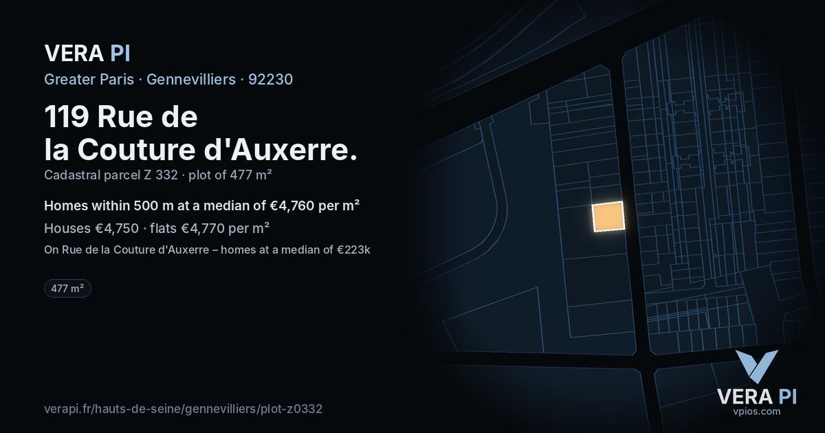 119 Rue de la Couture d'Auxerre, Gennevilliers at night – the plot lit, the parcels around coloured by the prices near them