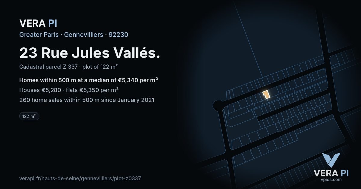 23 Rue Jules Vallés, Gennevilliers at night – the plot lit, the parcels around coloured by the prices near them
