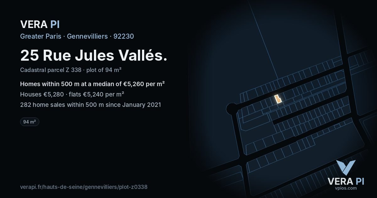 25 Rue Jules Vallés, Gennevilliers at night – the plot lit, the parcels around coloured by the prices near them