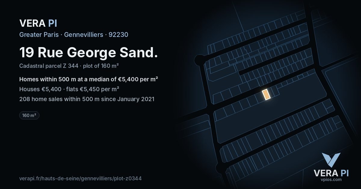 19 Rue George Sand, Gennevilliers at night – the plot lit, the parcels around coloured by the prices near them