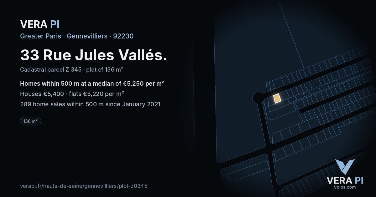 33 Rue Jules Vallés, Gennevilliers at night – the plot lit, the parcels around coloured by the prices near them