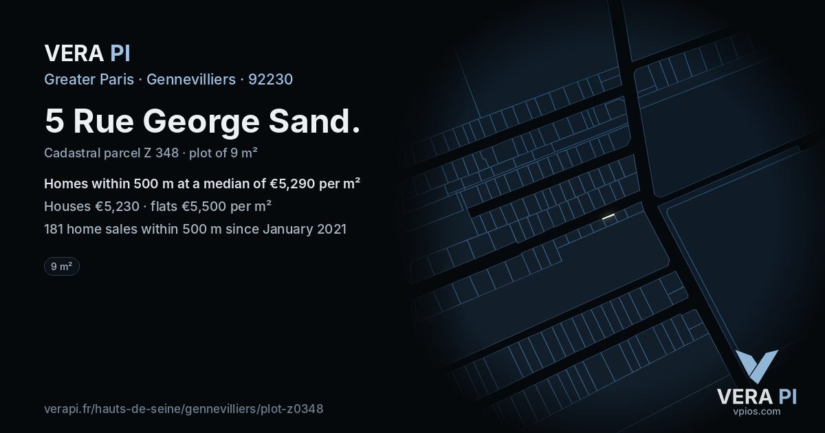 5 Rue George Sand, Gennevilliers at night – the plot lit, the parcels around coloured by the prices near them