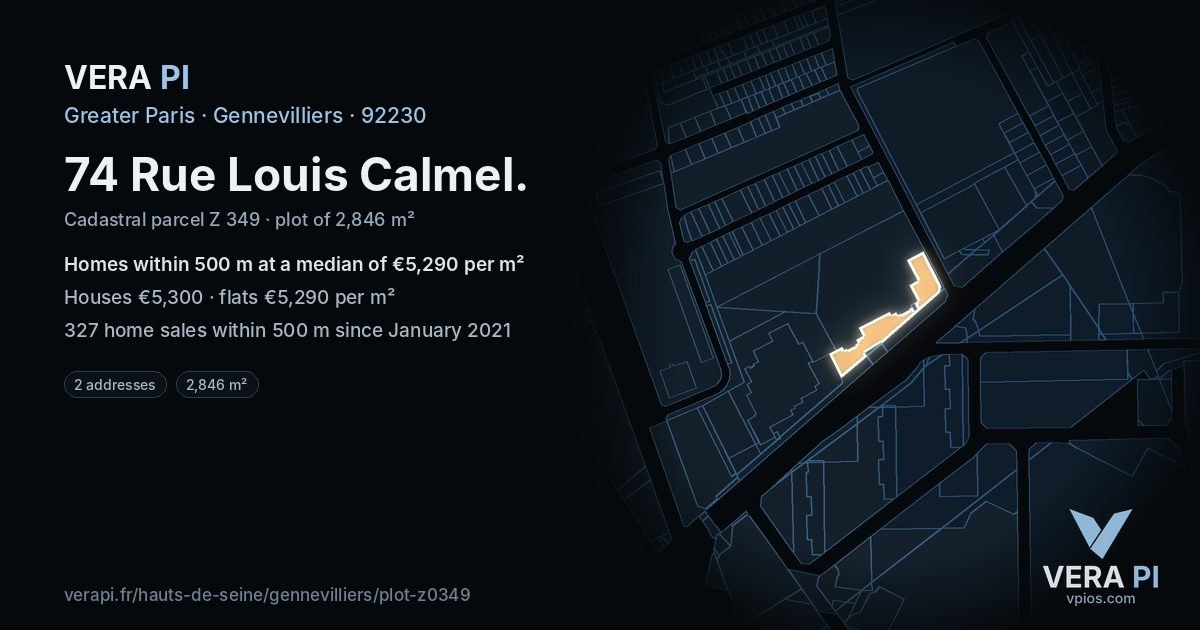 74 Rue Louis Calmel, Gennevilliers at night – the plot lit, the parcels around coloured by the prices near them