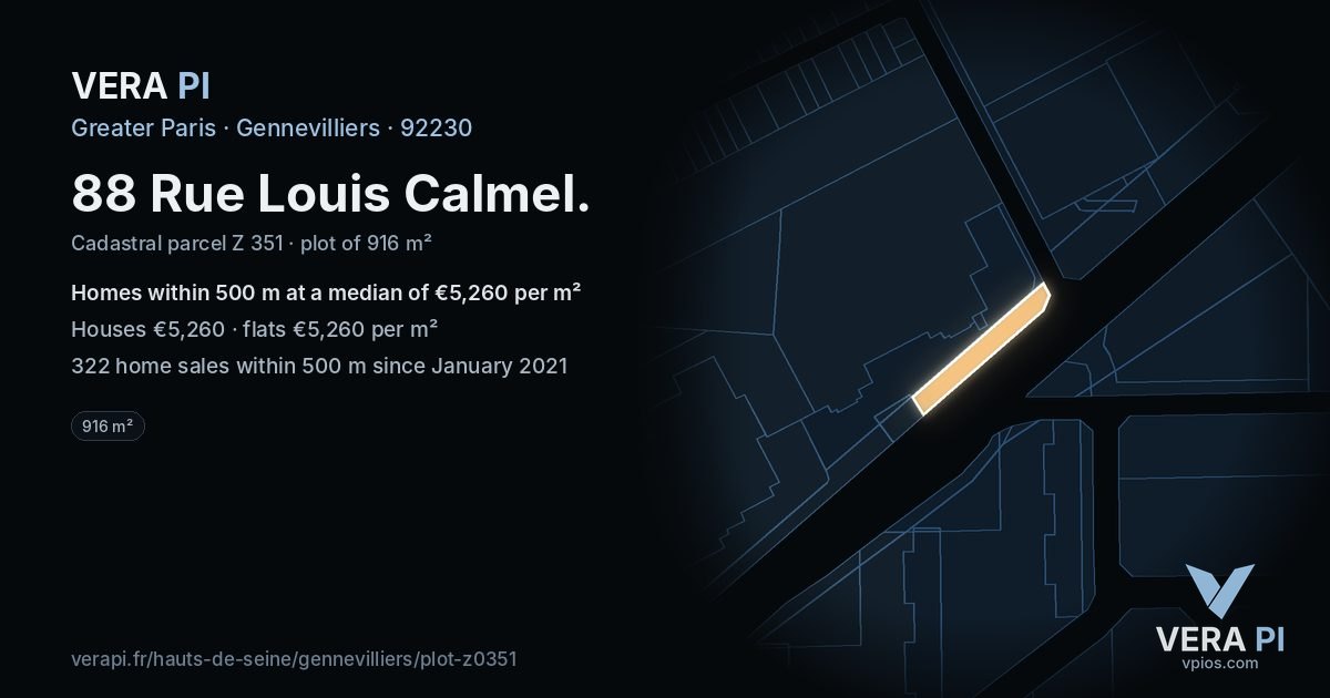 88 Rue Louis Calmel, Gennevilliers at night – the plot lit, the parcels around coloured by the prices near them