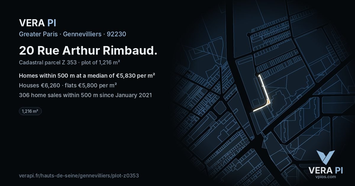 20 Rue Arthur Rimbaud, Gennevilliers at night – the plot lit, the parcels around coloured by the prices near them