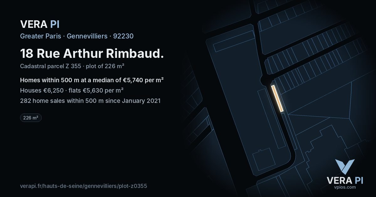 18 Rue Arthur Rimbaud, Gennevilliers at night – the plot lit, the parcels around coloured by the prices near them