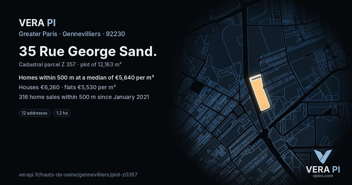 35 Rue George Sand, Gennevilliers at night – the plot lit, the parcels around coloured by the prices near them