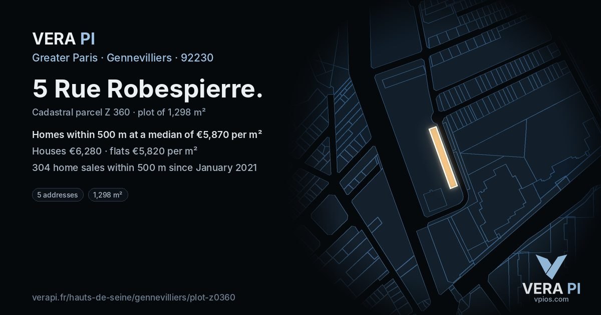 5 Rue Robespierre, Gennevilliers at night – the plot lit, the parcels around coloured by the prices near them