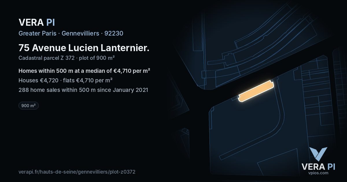 75 Avenue Lucien Lanternier, Gennevilliers at night – the plot lit, the parcels around coloured by the prices near them
