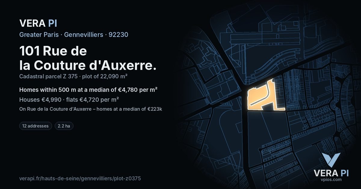 101 Rue de la Couture d'Auxerre, Gennevilliers at night – the plot lit, the parcels around coloured by the prices near them