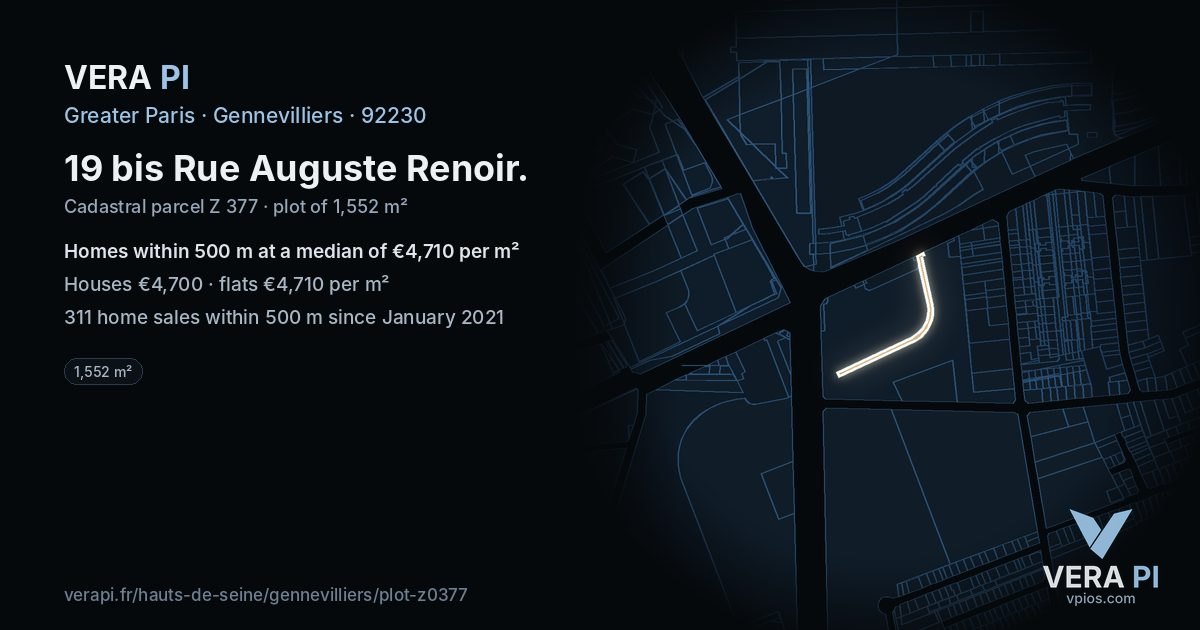 19 bis Rue Auguste Renoir, Gennevilliers at night – the plot lit, the parcels around coloured by the prices near them