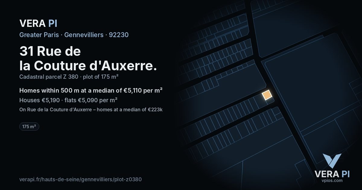 31 Rue de la Couture d'Auxerre, Gennevilliers at night – the plot lit, the parcels around coloured by the prices near them