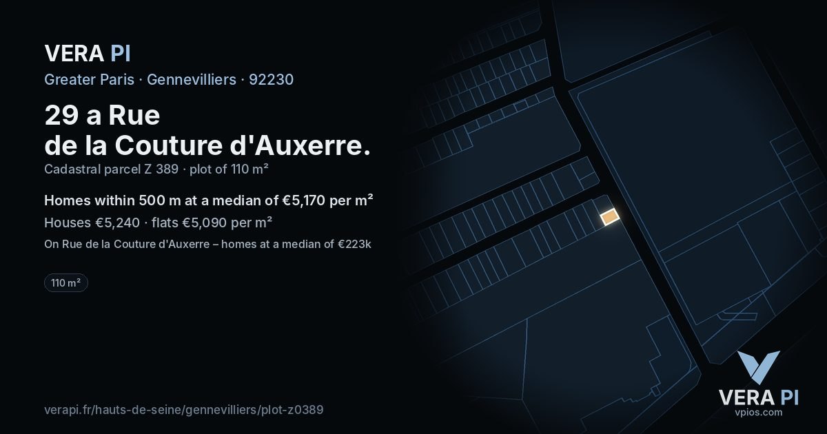 29 a Rue de la Couture d'Auxerre, Gennevilliers at night – the plot lit, the parcels around coloured by the prices near them