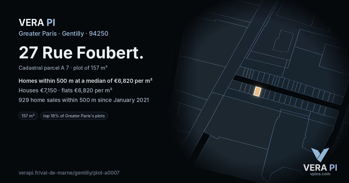 27 Rue Foubert, Gentilly at night – the plot lit, the parcels around coloured by the prices near them