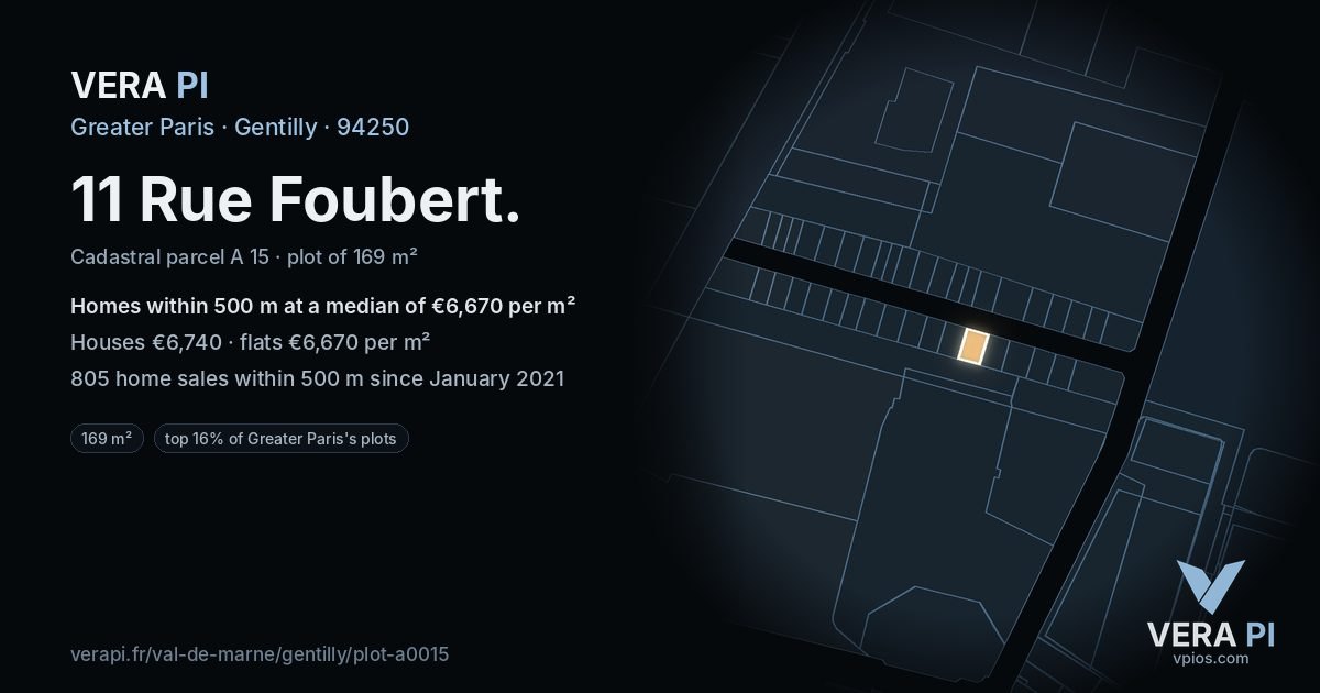 11 Rue Foubert, Gentilly at night – the plot lit, the parcels around coloured by the prices near them