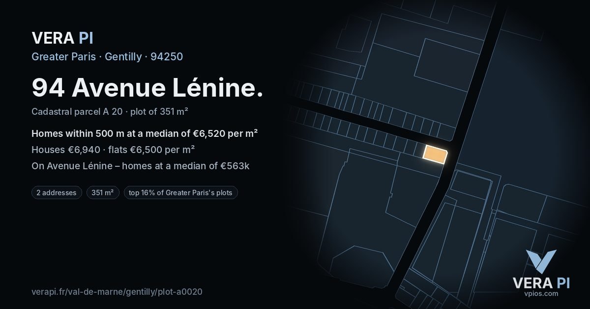 94 Avenue Lénine, Gentilly at night – the plot lit, the parcels around coloured by the prices near them