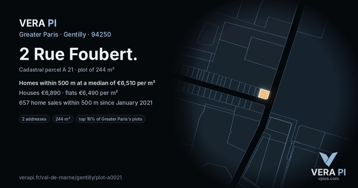 2 Rue Foubert, Gentilly at night – the plot lit, the parcels around coloured by the prices near them