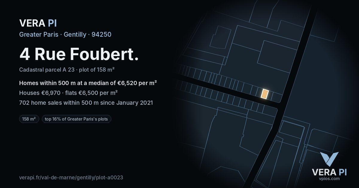 4 Rue Foubert, Gentilly at night – the plot lit, the parcels around coloured by the prices near them