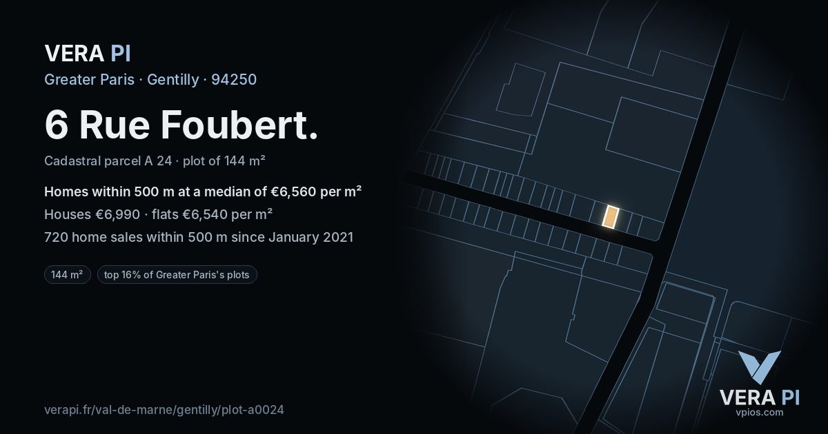 6 Rue Foubert, Gentilly at night – the plot lit, the parcels around coloured by the prices near them