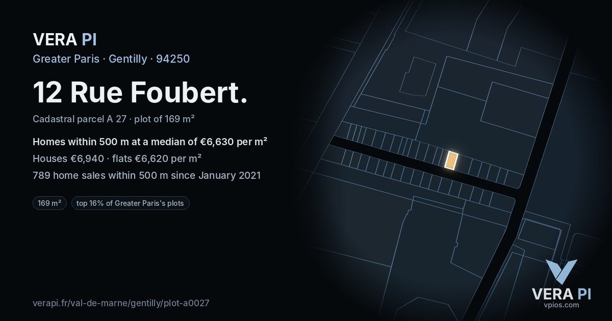 12 Rue Foubert, Gentilly at night – the plot lit, the parcels around coloured by the prices near them