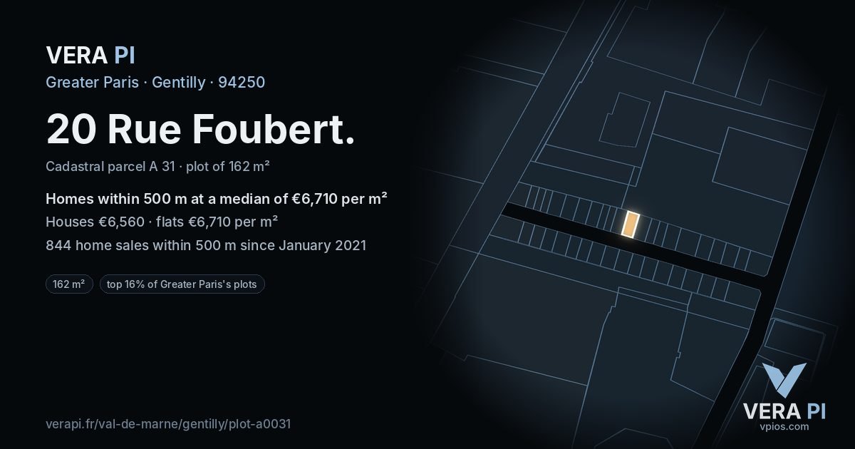 20 Rue Foubert, Gentilly at night – the plot lit, the parcels around coloured by the prices near them