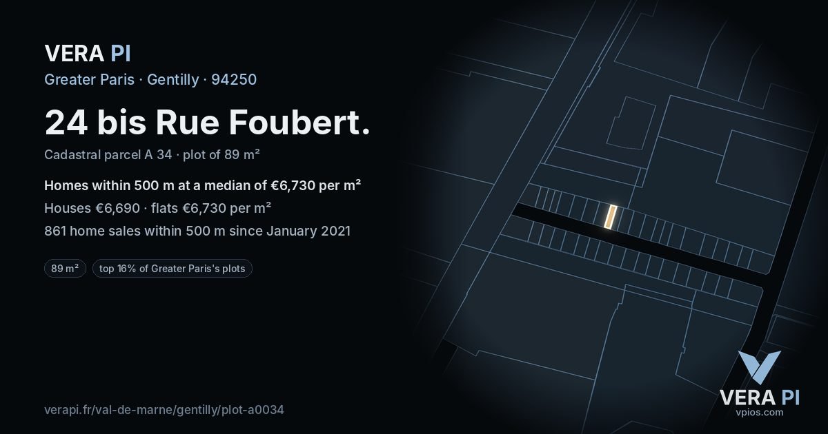 24 bis Rue Foubert, Gentilly at night – the plot lit, the parcels around coloured by the prices near them