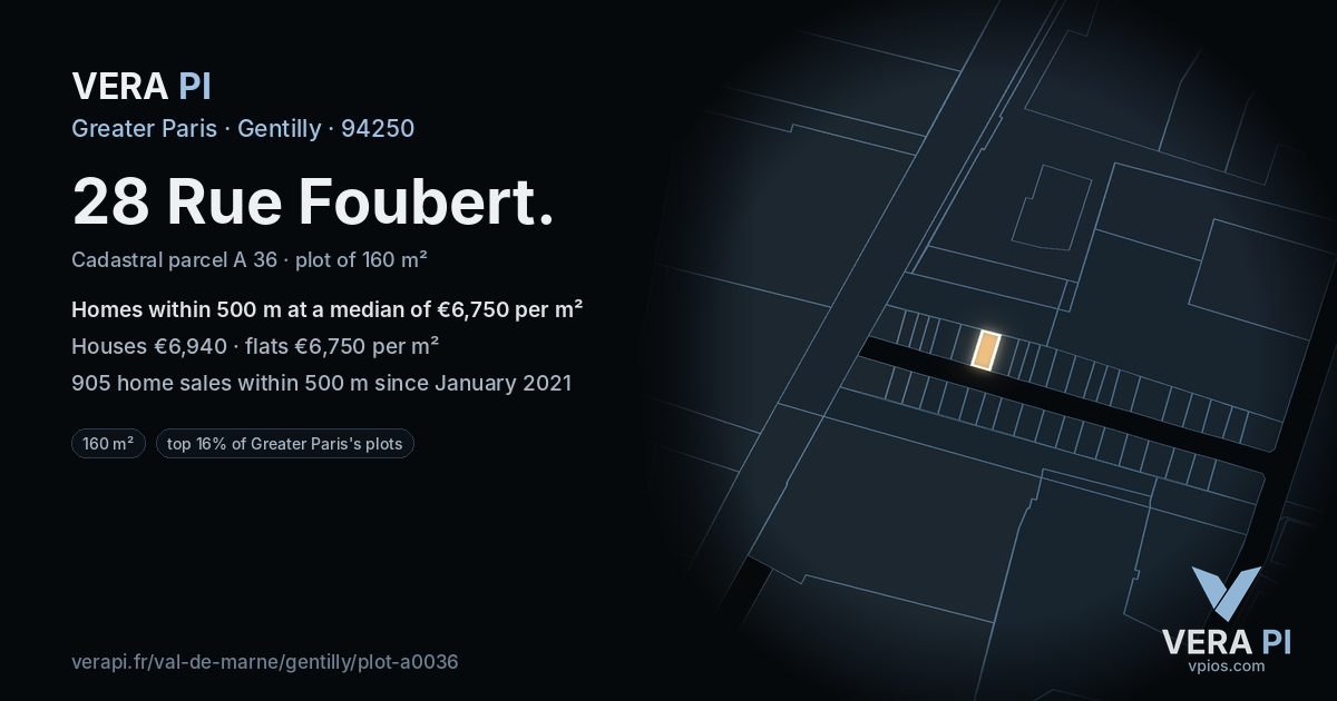 28 Rue Foubert, Gentilly at night – the plot lit, the parcels around coloured by the prices near them