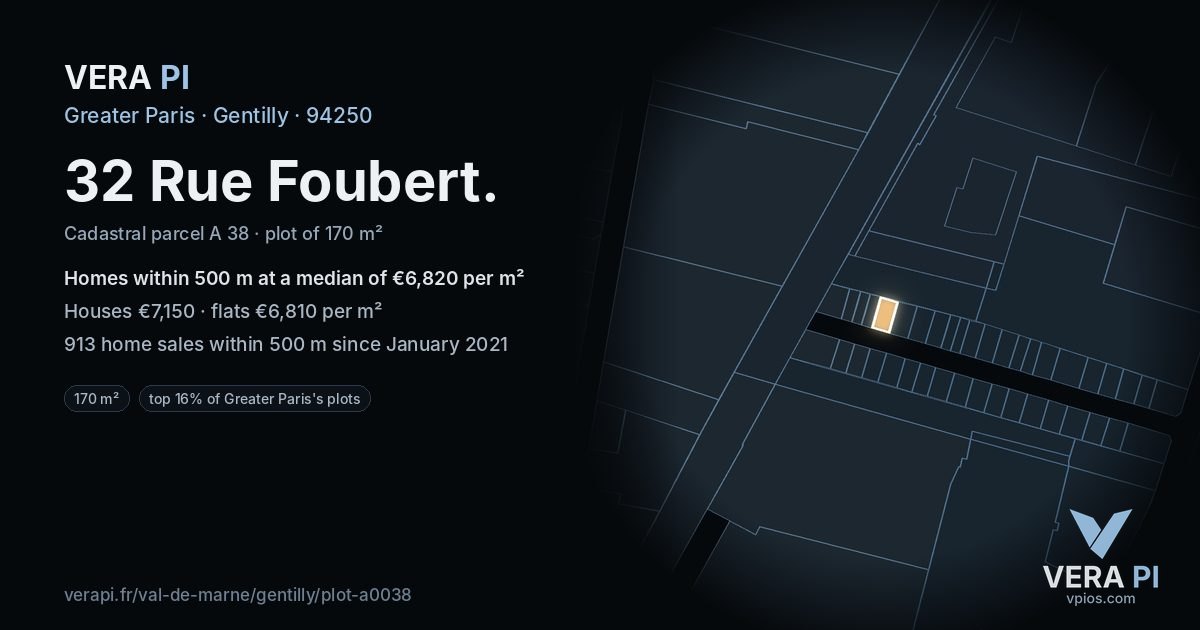 32 Rue Foubert, Gentilly at night – the plot lit, the parcels around coloured by the prices near them