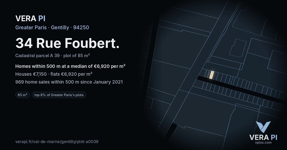 34 Rue Foubert, Gentilly at night – the plot lit, the parcels around coloured by the prices near them