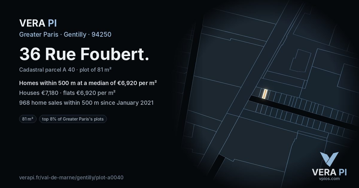 36 Rue Foubert, Gentilly at night – the plot lit, the parcels around coloured by the prices near them