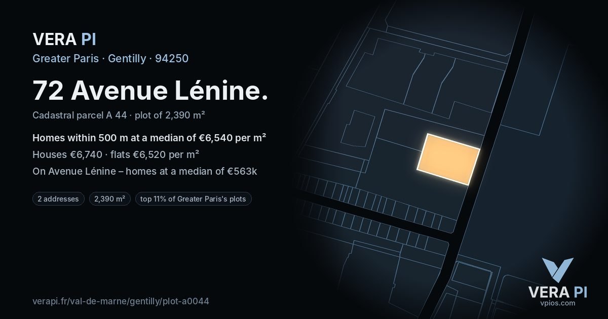 72 Avenue Lénine, Gentilly at night – the plot lit, the parcels around coloured by the prices near them