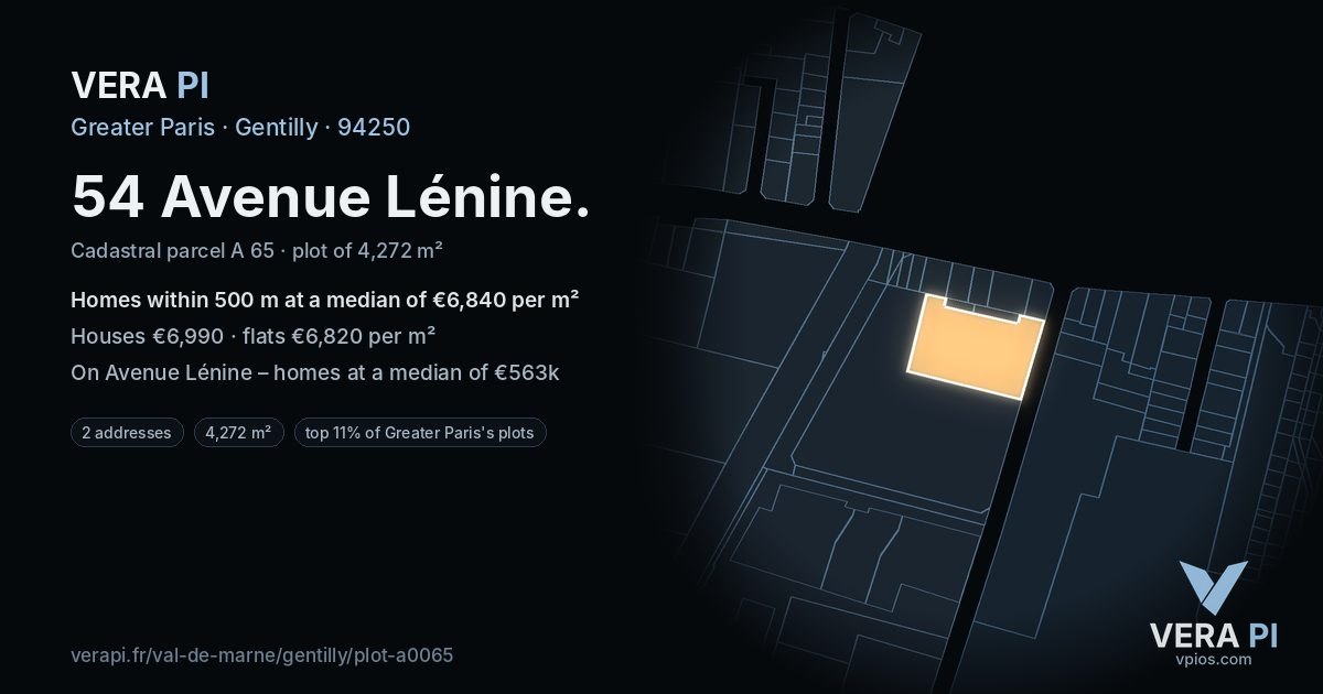 54 Avenue Lénine, Gentilly at night – the plot lit, the parcels around coloured by the prices near them